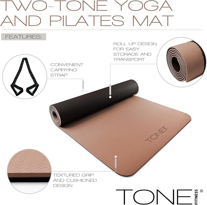 TONE Fitness Yoga Mat 1/4" Thick Non Slip Exercise & Pilates Mat for Home Workouts with Carrying Strap | Multiple Options