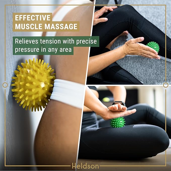 HELDSON® 3 Spiky Massage Balls Set [Soft, Medium, Firm] - Foot Roller Massager Spikes - Spike Trigger Point Ball for Back Pain Relief & Feet - Plantar Fasciitis Deep Tissue Therapy - Spikey Pressure