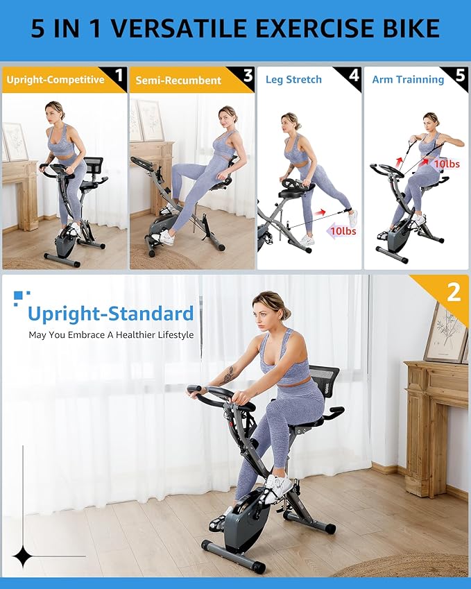Foldable Exercise Bike Stationary Bikes for Home, 5 IN 1 Indoor Workout Bike, Cycling Bike with 16-Level Quiet Magnetic Resistance, 6.6 LBS Flywheel and 300LBS Capacity for Senior and Home Workout