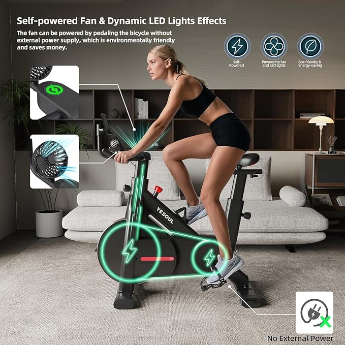YESOUL Self-Powered Exercise Bike with Dynamic LED Lights – Stable Triangle Frame, Dual-Stage Drive, 300 lbs Capacity, Silent Magnetic Resistance, Compact Indoor Stationary Bike for Home