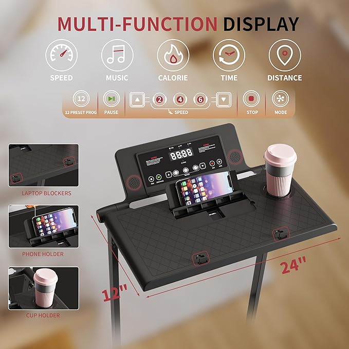 Foldable Treadmill with Incline Treadmill with Home Removable Desk Workstation 3 in 1 Folding Small Compact Walking Treadmills 300 Lbs Capacity for Home Office