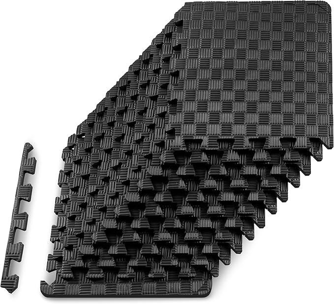 ProsourceFit Exercise Puzzle Mat ½-inch, Checkered EVA Foam Floor Tiles w/ Non-Slip Texture, Gym Mats w/ Interlocking Flooring for Adjustable Surface, Shock Absorbing, Black, 12 SQ FT - 12 Pieces