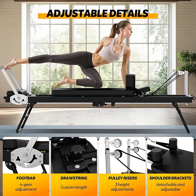 Foldable Pilates Reformer for Home Use, Portable Pilates Machine Reformer with Adjustable Resistance, Springs and Cords, Compact, Lightweight, Perfect for Home Gym, Maximum Load 400 LBS
