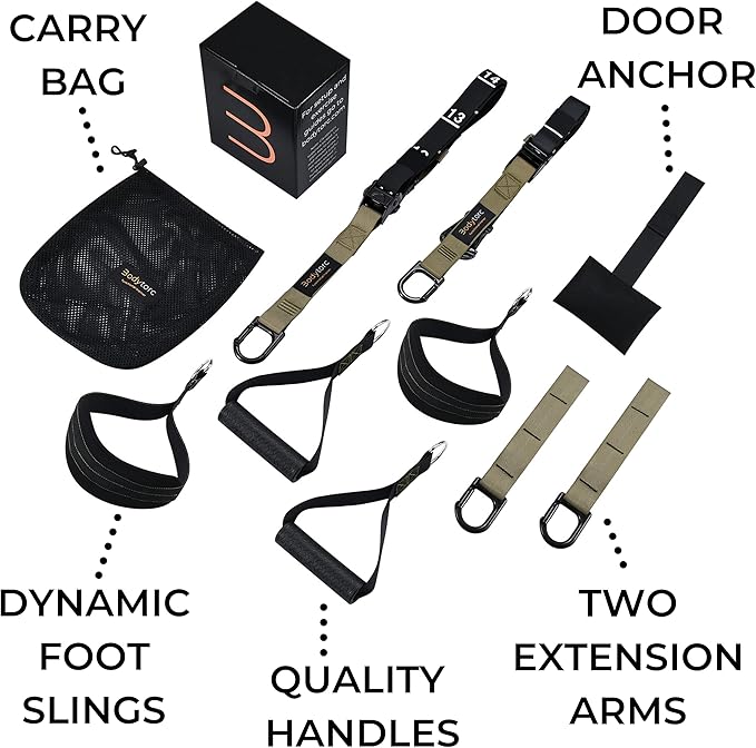 Suspension Trainer, Bodyweight Training Straps for Full Body Workouts at Home, Includes Door Anchor, Extension Arms and Advanced Foot Straps. Green