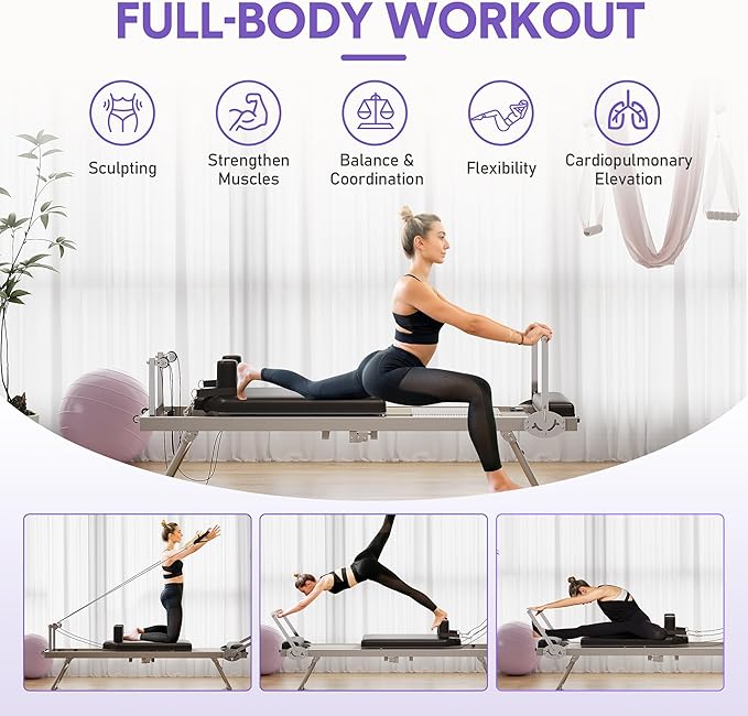 Foldable Pilates Reformer, Space-Saving Pilates Machine for Home Workout, 5 Springs Full-Body Workout, Portable Pilates Equipment for Beginners and Intermediate Users