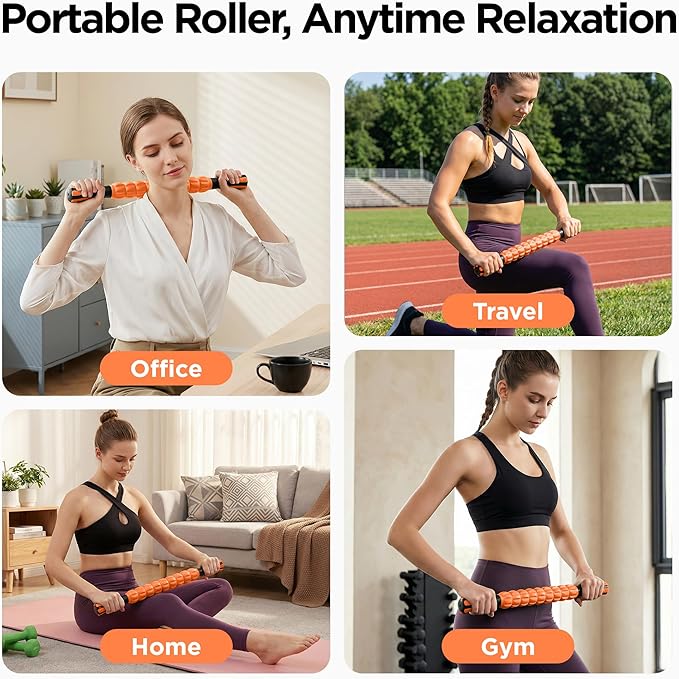 Muscle Roller & Massage Roller Stick for Athletes - Lymphatic Drainage Support, Relieves Muscle Soreness, Cramping & Tightness - Targets Legs, Arms, Back & Calves （Orange - 18inch）
