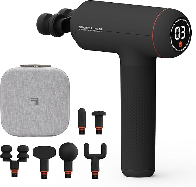 Sharper Image Deep Tissue Percussion Massage Gun, Powerboost MAX Rechargeable Handheld Massager, 7 Adjustable Speeds, 6 Attachment Heads & Carrying Case, Full Body Muscle Pain Relief, Black