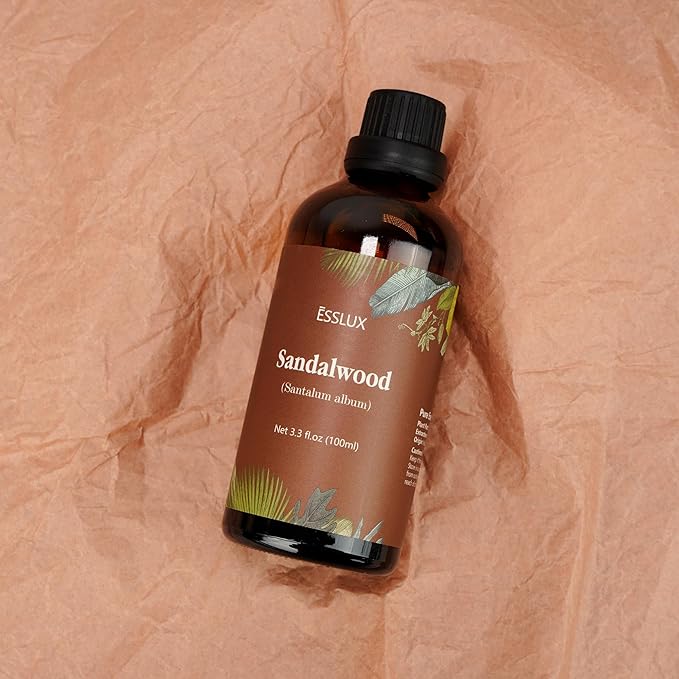 Sandalwood Essential Oil 100 ml, ESSLUX Large Single Wood Scented Oils 3.3 oz, Aromatherapy Oils for Diffuser, Candle Making, Soap, Perfume, Laundry