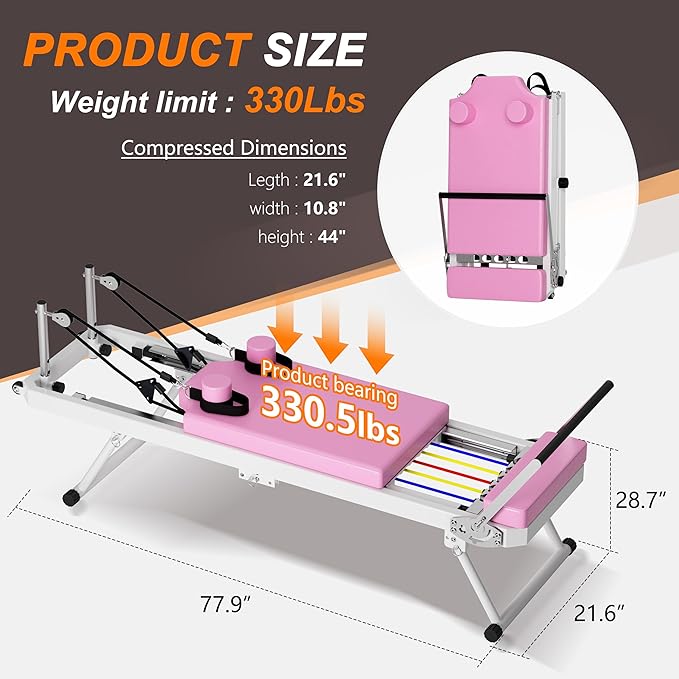 KEIKI Pilates Reformer Machine, Foldable Pilates Core Board Bed for Home Gym Workout, Multifunctional Yoga Studio Equipment w/Resistance Band & Adjustable Footbar Reformer Height, Easy Assembly