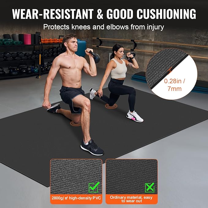 VEVOR Large Exercise Mat, 12'x6'/10'x6'/9'x6'/8'x6'/8'x5'/7'x5'/6'x4' (7mm) Extra Thick, Non Slip High Density Premium Workout Mat, Exercise Yoga Mat for Men & Women, Fitness & Exercise Mat with Bag & Carry Strap, for All Types of Home Yoga, Pilate & F...