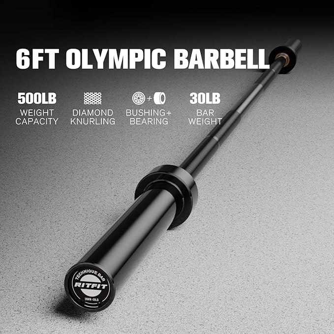 RITFIT Olympic Barbell 4ft/6ft - 2 Inch Weight Bar for Strength Training, Weightlifting, Squat, Deadlift, Bench Press, Curl, Overhead Press - 350lbs/500lbs Capacity