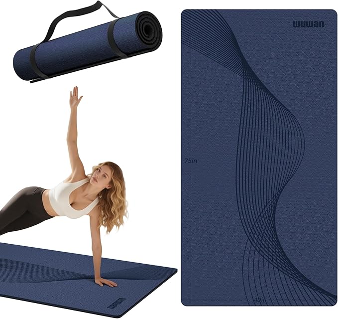 Large Yoga Mat 76"x 40"x10mm (2/5 inch) – Extra Thick & Wide, TPE Fitness Mat, Printed Non-Slip Exercise Mat with Carrying Strap for Men & Women, Pilates, Stretching, Fitness & Workout