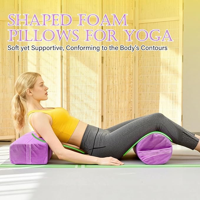 2 PCS Yoga Bolster Pillow for Restorative Yoga, High Density Foam Meditation Bolster with Washable Velvet Cover and Carry Handle Meditation Pillow Set with Round and Rectangular