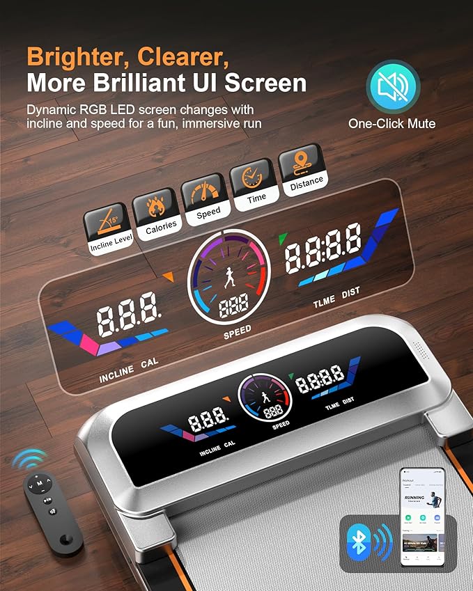 Walking Pad Treadmill with 15% 12-Level Auto Incline & UI Screen, Trisomy 3.5HP Foldable Under Desk Treadmill with Bluetooth Speaker, Portable Treadmills for Home Office 450LBS, Remote, RGB Light