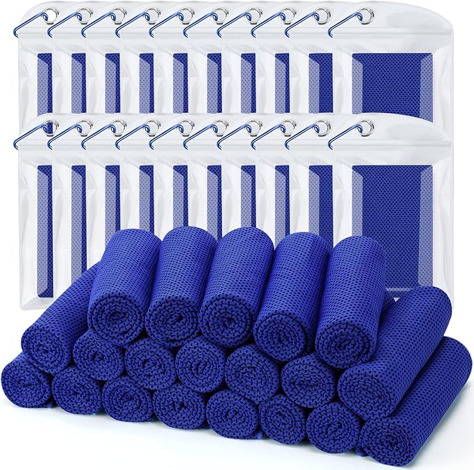 Biange Cooling Towel (Pack of 20, 40"x12") with Pouches for Sports, Workout, Fitness, Gym, Yoga, Golf, Pilates, Travel, Camping & More