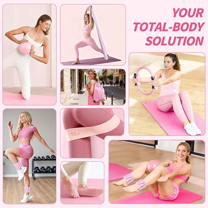 Pilates Kit, Home Pilates Workout Kit for Women, Pilates Equipment with 14.5" Pilates Ring and Ball, Resistance Bands, Ankle Weights, Sliders & Grip Socks Accessories for Starter Home Workouts