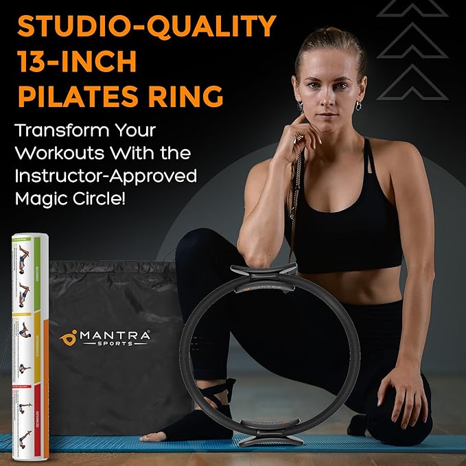 MANTRA SPORTS Pilates Ring - 13 Inch Magic Circle Pilates Ring - Toning Inner Thigh Exerciser, At-Home Yoga Equipment for Home Workouts - Thigh Master for Women, Arms & Core Toning - Carbon Black