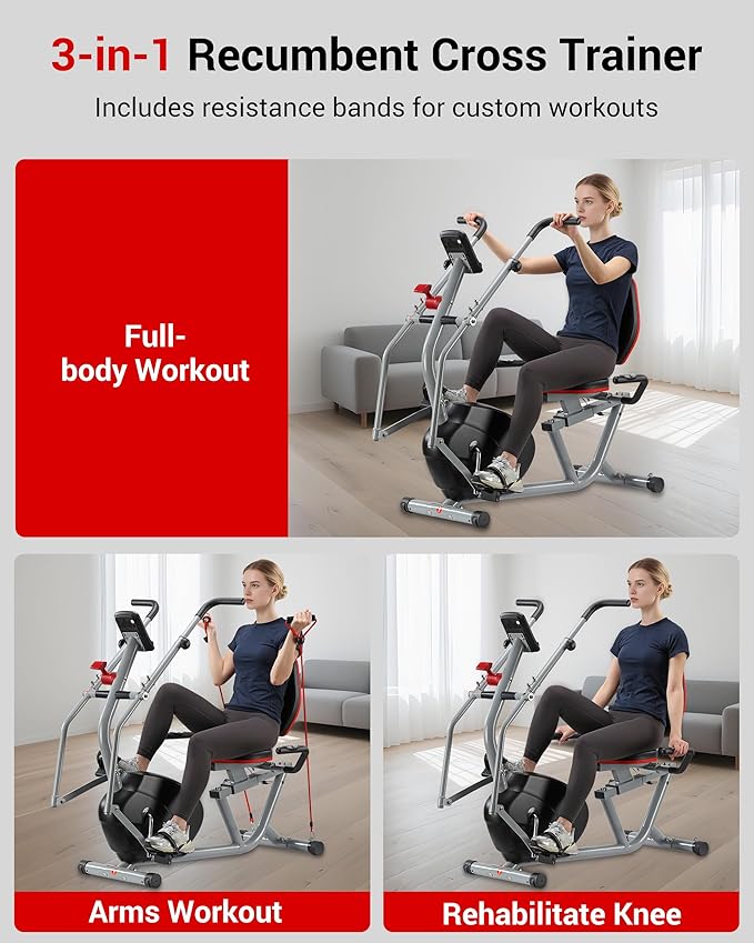 ECHANFIT Recumbent Exercise Bike with Arm Exerciser for Home - Elliptical Recumbent Cross Trainer with Backlit Display, Pulse Sensor, 8-Level Magnetic Resistance, 380LBS Weight Capacity