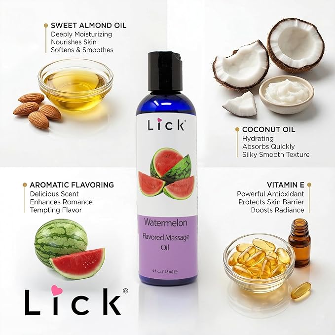 Watermelon Flavored Massage Oil for Couples – Edible Massaging Lotion with Vitamin E, Sweet Almond and Coconut Oil is Non Sticky and Gentle on Skin – Natural, Relaxing and Vegan (4 oz)
