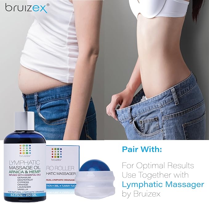 Bruizex Lymphatic Drainage Massage Oil with Arnica & Hemp Seed Oil for After Care Routine & Lymphatic Drainage Massager, Liposuction, 360 Lipo, BBL, Tummy Tuck Procedure, Calming Formula - 8.5 Oz
