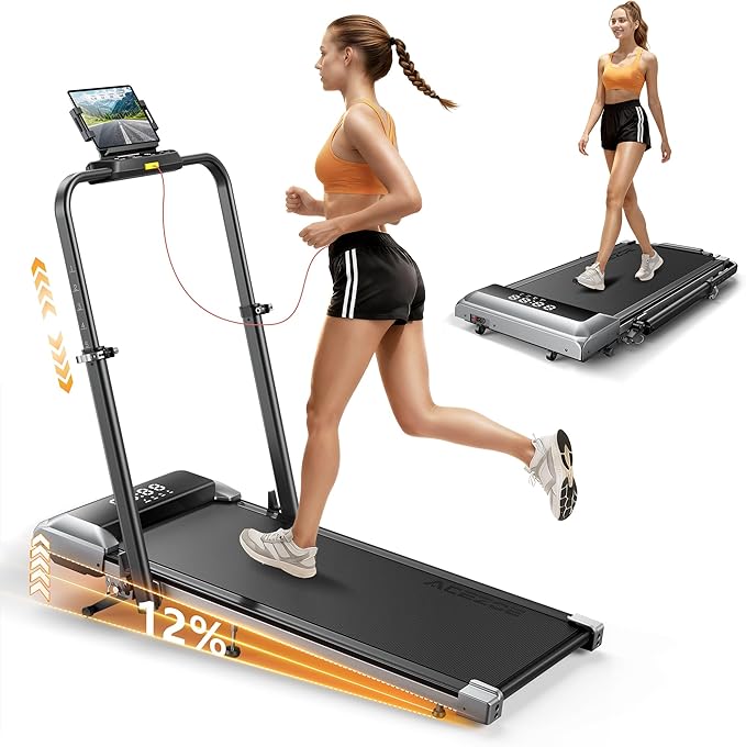 Walking Pad with 12% Incline & Height-Adjustable Handlebar, 5-in-1 Foldable Treadmill for Home & Office, Portable Under Desk Treadmill with LED Display & App Control