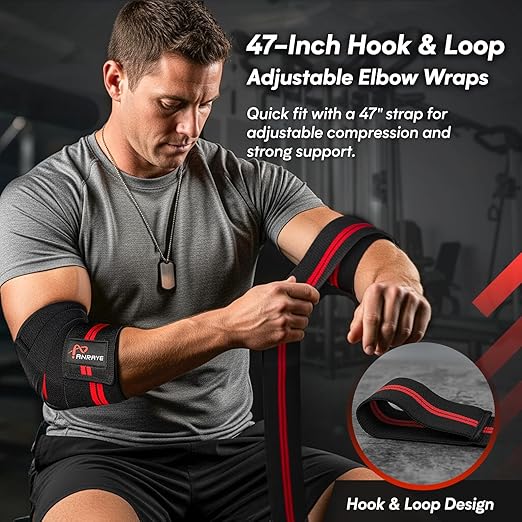 Anraye Elbow Wraps for Weightlifting - 47" Adjustable Compression Straps & Brace for Joint Support (1 Pair), Elbow Wraps Weight Lifting Men Women for Bench Press Powerlifting and Fitness Training