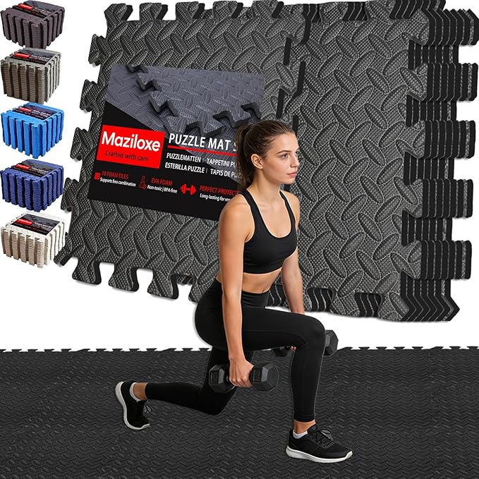 18 Pack Interlocking Gym Flooring Mats for Home Gym, 0.4 Inch Thick Non-Slip EVA Foam Puzzle Exercise Tiles with Edge Strips, Shock Absorption for Workout, Yoga, Treadmill, Garage, Basement