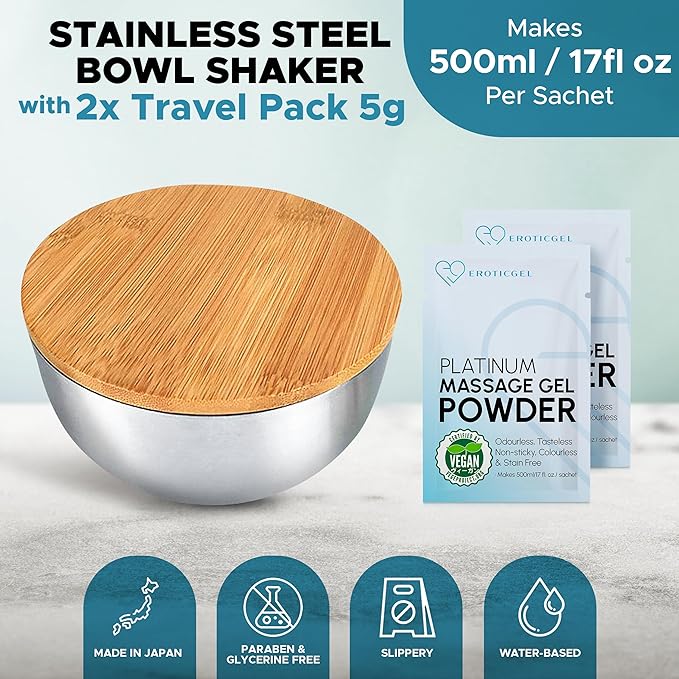 Platinum Nuru Massage Gel Powder and Bowl Set | 2 x Massage Powder 5g Sachet | 1 x 16 fl oz Bowl | Ideal for Relaxing Nuru Massage | Tasteless, Colorless, Stain-Free