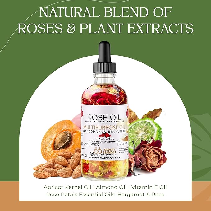 USA Made Multipurpose Rose Oil, Moisturizing Hair & Body Oil, Vitamin E Oil with Apricot, Sweet Almond, and Bergamot Essential Oils for Skin, Body & Face Oil for