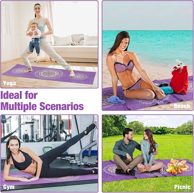 MoKo Yoga Towel, Non Slip Hot Yoga Mat Yoga Blanket Printing Pattern Quick Dry with Corner Pocket for Bikram, Pilates, Gym Workout, Outdoor Picnic, Purple Mandala