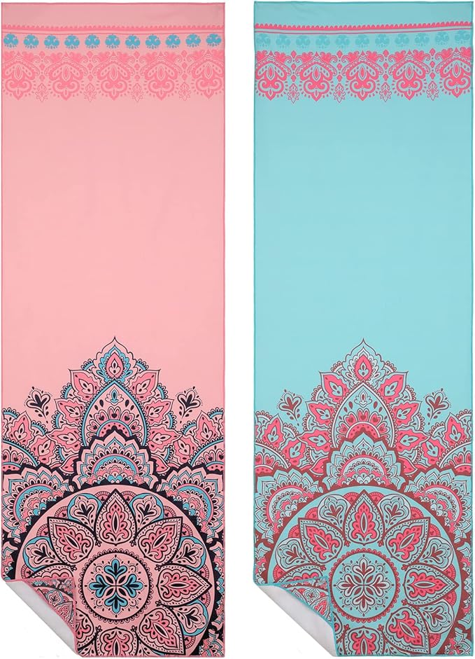 Tudomro 2 Pcs Yoga Towel, Non Slip Hot Yoga Mat Towel 73'' x 25'' Soft Sweat Absorbent Yoga Blanket Multicolor Yoga Accessories Workout Towel for Gym Bikram Pilates Yoga, Pink Blue