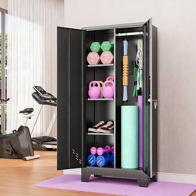 61IN Dumbbell Rack Cabinet, Weight Rack for Dumbbells, Home Gym Storage Cabinet for Kettlebells Yoga Mat and Balls, Workout Equipment Storage Organizer with Doors