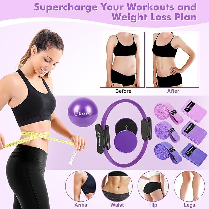 Pilates Ring Set Exercise Equipment, with Exercise Resistance Bands Set, Pilates Ball, Sliding Disks. Portable Home Gym - with Fitness Guide Poster