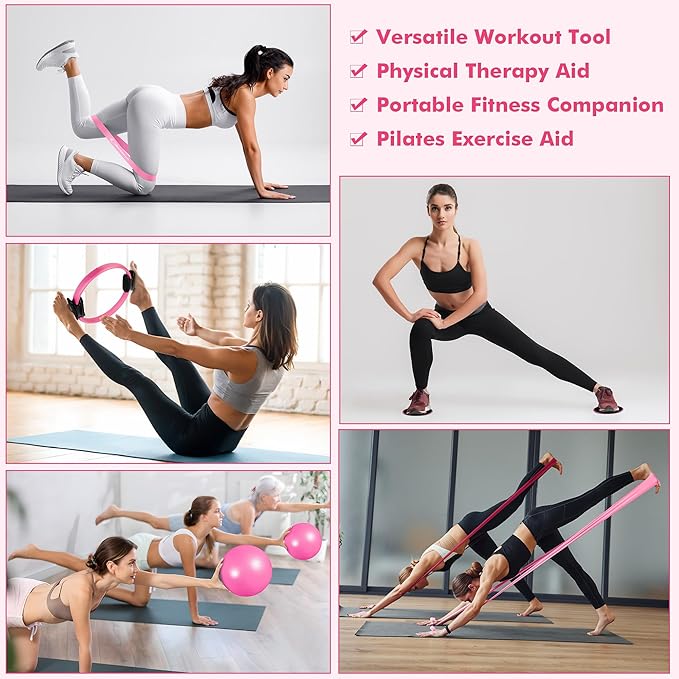 Pilates Ring Set Exercise Equipment, with Exercise Resistance Bands Set, Pilates Ball, Sliding Disks. Portable Home Gym - with Fitness Guide Poster