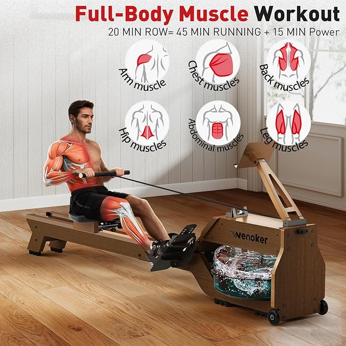 Water Rowing Machines for Home Use, Rower Machine with Smart Electronic Knob,Wooden Row Machine with LCD Monitor & Comfortable Seat, Bluetooth App Compatible for Home Gym Exercise 300 LBS