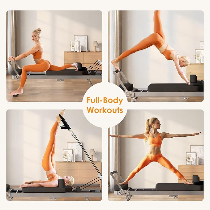 Foldable Pilates Reformer Machine for Home Use - 330lbs Capacity with 5 Alloy Springs, 11 Resistance Levels & UP Leather Surface, Space-Saving Fitness Equipment