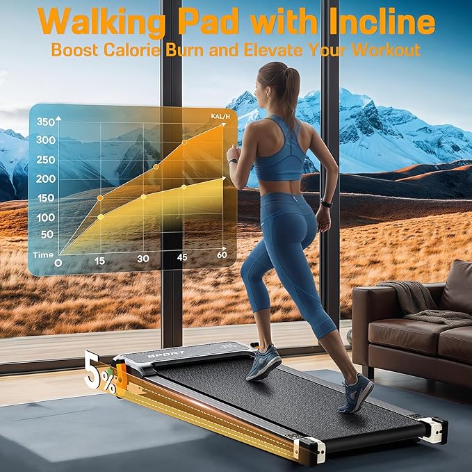 FUNRAY Walking Pad with Incline, Under Desk Treadmill with 2 Control Options, Ultra Slim Design and Double Shock Absorption, LED Display, Powerful and Quiet Treadmill for Walking/Jogging