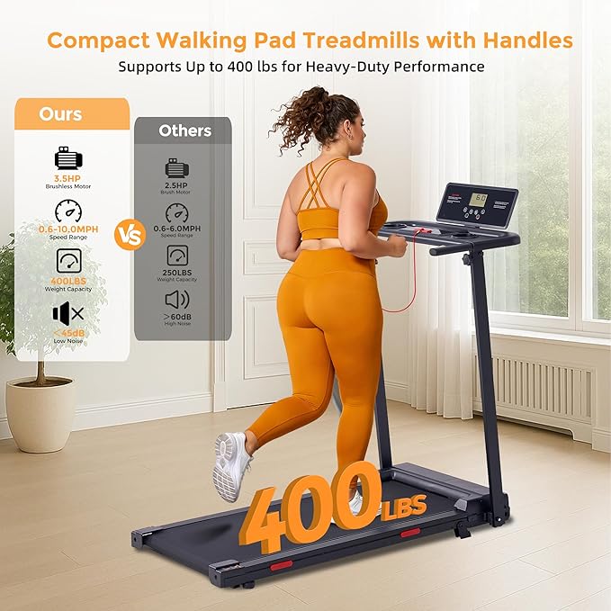Walking Pad with Handle Bar, 0.6-10MPH Walking Pad Treadmill for Home Small, 3.5HP Portable Small Running Treadmill with Handles, Big Screen, 400LBS