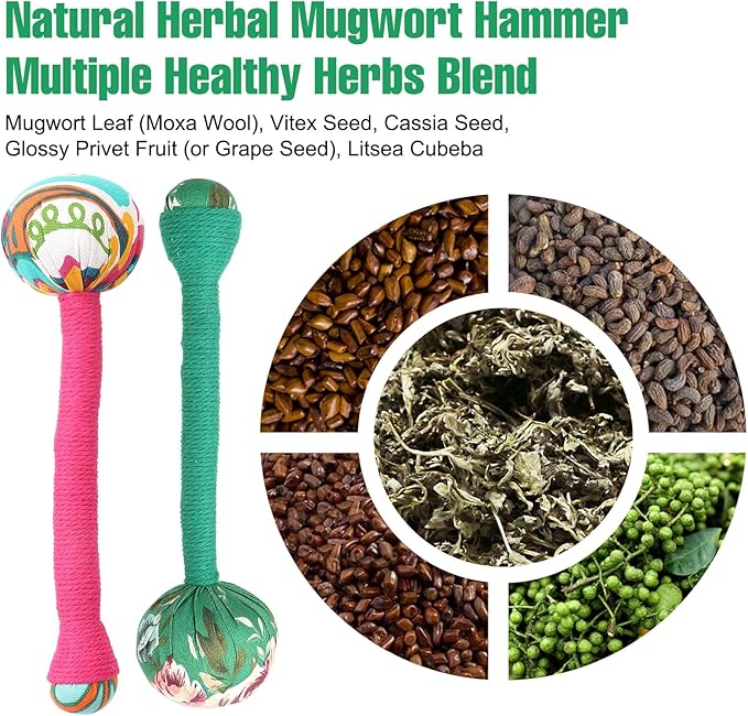 2PCS Long Wormwood Lymphatic Drainage Hammer, Manual Body Massage Hammer, Anti Slip Longer Handheld Herbal Massage Hammer for Back Muscle Relaxation (Rose Red/Dark Green)