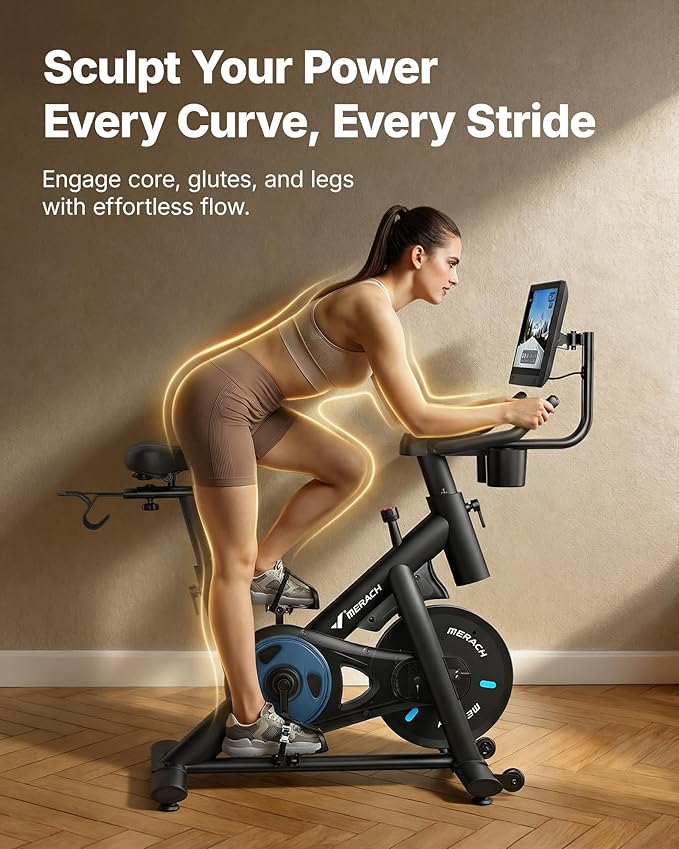 MERACH Exercise Bike, Brake Pad Stationary Bike with Exclusive App, Low Noise Indoor Cycling Bike with 300lbs Weight Capacity, Tablet Mount and Fitness Courses for Weight Loss