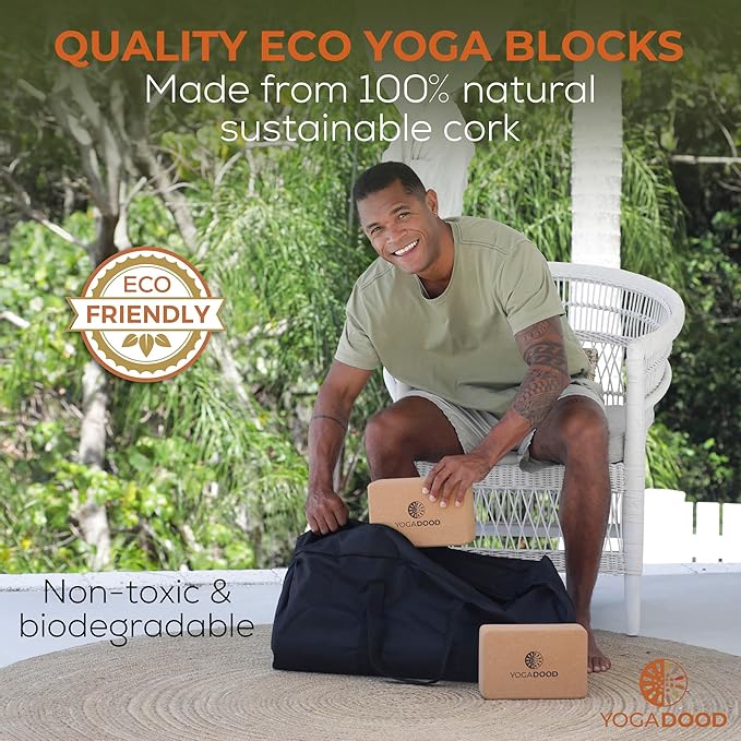 YOGA DOOD Premium Cork Yoga Blocks 2 Pack - Superior Grip & Stability for Enhanced Alignment - Eco-Friendly Biodegradable
