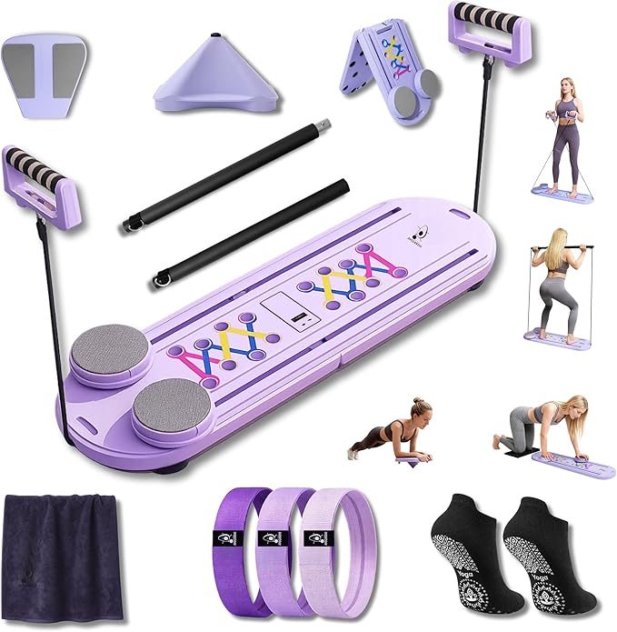 AVOCARDIO Foldable Pilates Reformer Board - Multifunctional 10-in-1 Set - Home Workout Equipment - Portable Home Gym Pilates Kit with Towel, Resistance Bands and Pilates Socks - Push Up and Abs Board
