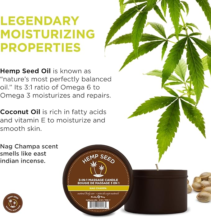 Hemp Seed 3-in-1 Massage Candle, Nag Champa Scent - 6 oz. - Candle, Massage Oil & Moisturizer in One - Hemp Seed, Coconut, Apricot & Soybean Oil - Vegan & Cruelty Free