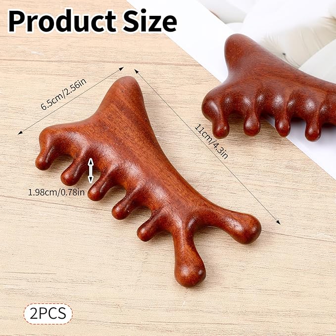 4 in 1 Natural Sandalwood Gua Sha Massage Tool, Face Eye Neck & Body Meridian Therapy Tool for Relaxation Lymphatic Drainage Massage Comb for Home Office Travel