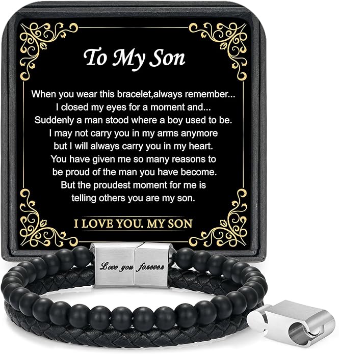 LUXEJEW Gifts for Men - Beaded Leather Bracelet 6mm Matte Agate Stone Bracelets for Men Dad Son Husband Boyfriend Grandpa Grandson Brother Uncle Nephew Adjustable Magnetic Clasp