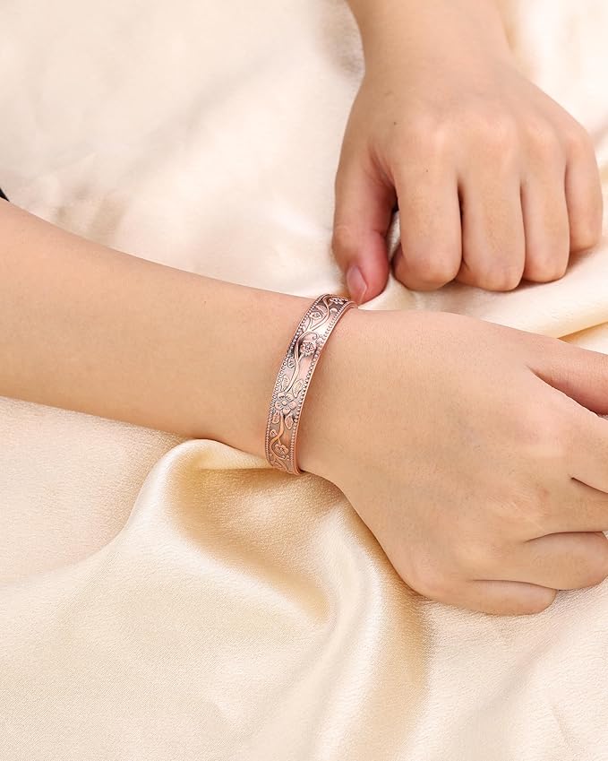 BioMag Copper Bracelet & Ring for Women, 99.99% Pure Copper Magnetic Bracelet Lymphatic Drainage Rings with 3500 Gauss Magnets, Adjustable & Flower Pattern (Copper-C-2PCS)