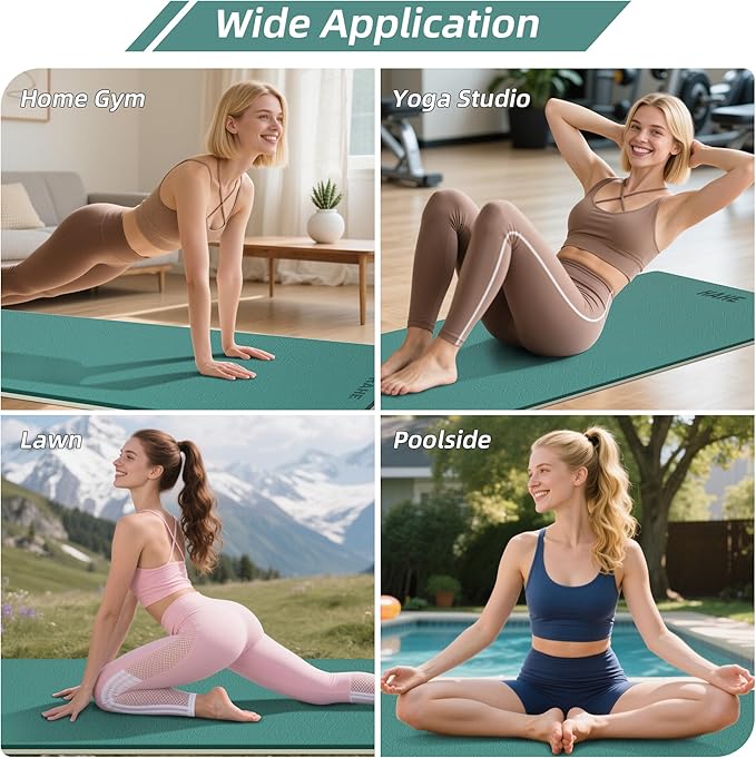 HAHE Yoga Mat Thick, 72"x32"x0.4"Th (10mm), Wide Non-Slip Exercise Mat with Carry Strap, Double-Sided POE Fitness Mat for Yoga, Pilates & Floor Workouts