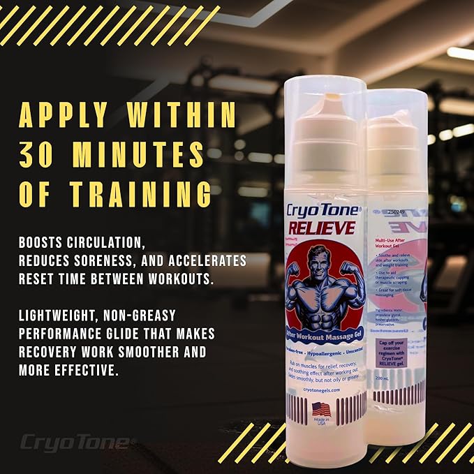 Relieve Post-Workout Massage Gel, Muscle Recovery Rub for Athletes – Hypoallergenic, Fragrance-Free, Non-Greasy Formula with Metered Pump, Made in USA, 6.76 fl oz