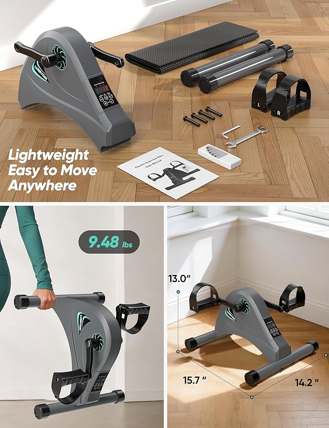LUBBYGIM Mini Exercise Bike, Under Desk Bike Pedal Exerciser for Seniors & Physical Therapy, Electric Motorized Foot Pedal Machine for Arm and Leg Fitness, 6 Speed Levels