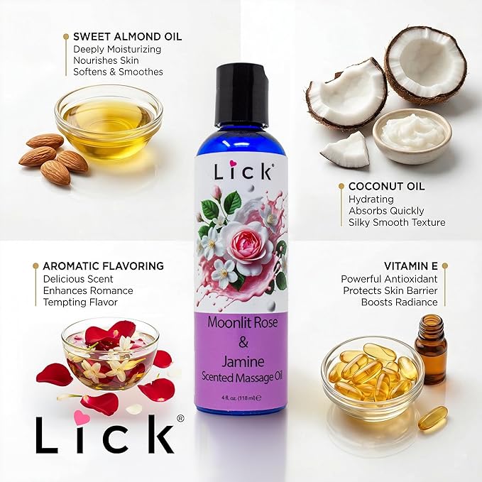 Lick Rose and Jasmine Massage Oil – Elegant Floral Massage Oil with Sweet Almond Oil & Vitamin E, Relaxing Aromatherapy Glide for Couples Massage, 4 oz
